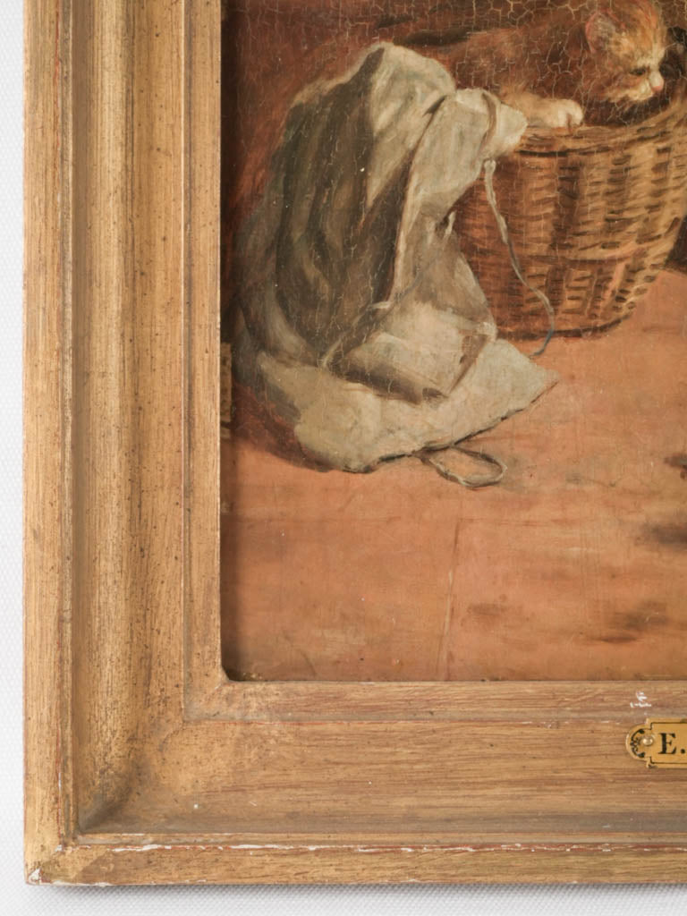 Antique French portrait of kittens watching a bird 18½" x 15¾"
