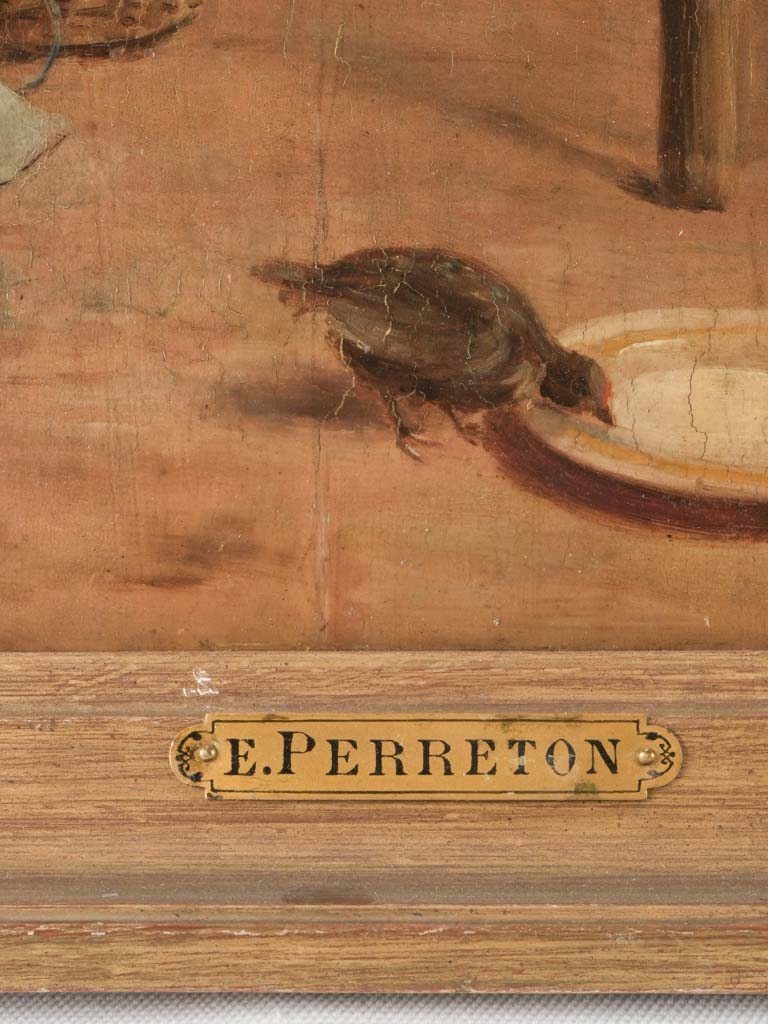 Antique French portrait of kittens watching a bird 18½" x 15¾"