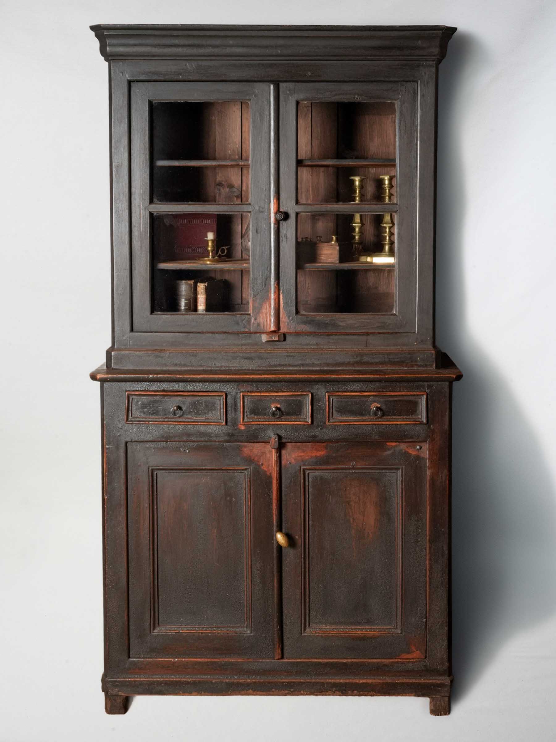 Handsome 19th Century Regional Black Painted Display Cabinet - 84¾"