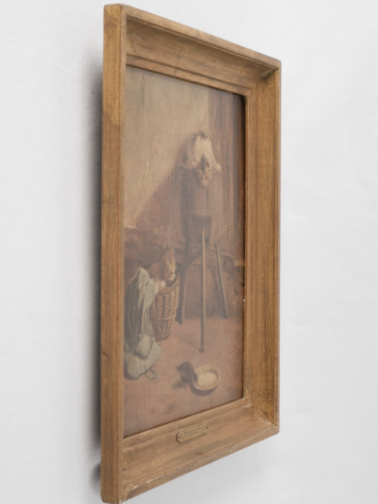 Antique French portrait of kittens watching a bird 18½" x 15¾"
