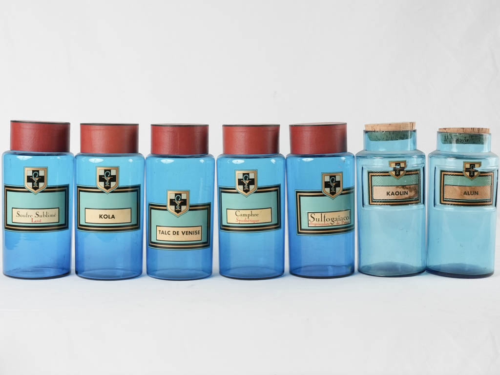 Collection of 7 blue glass French apothecary jars 9½"