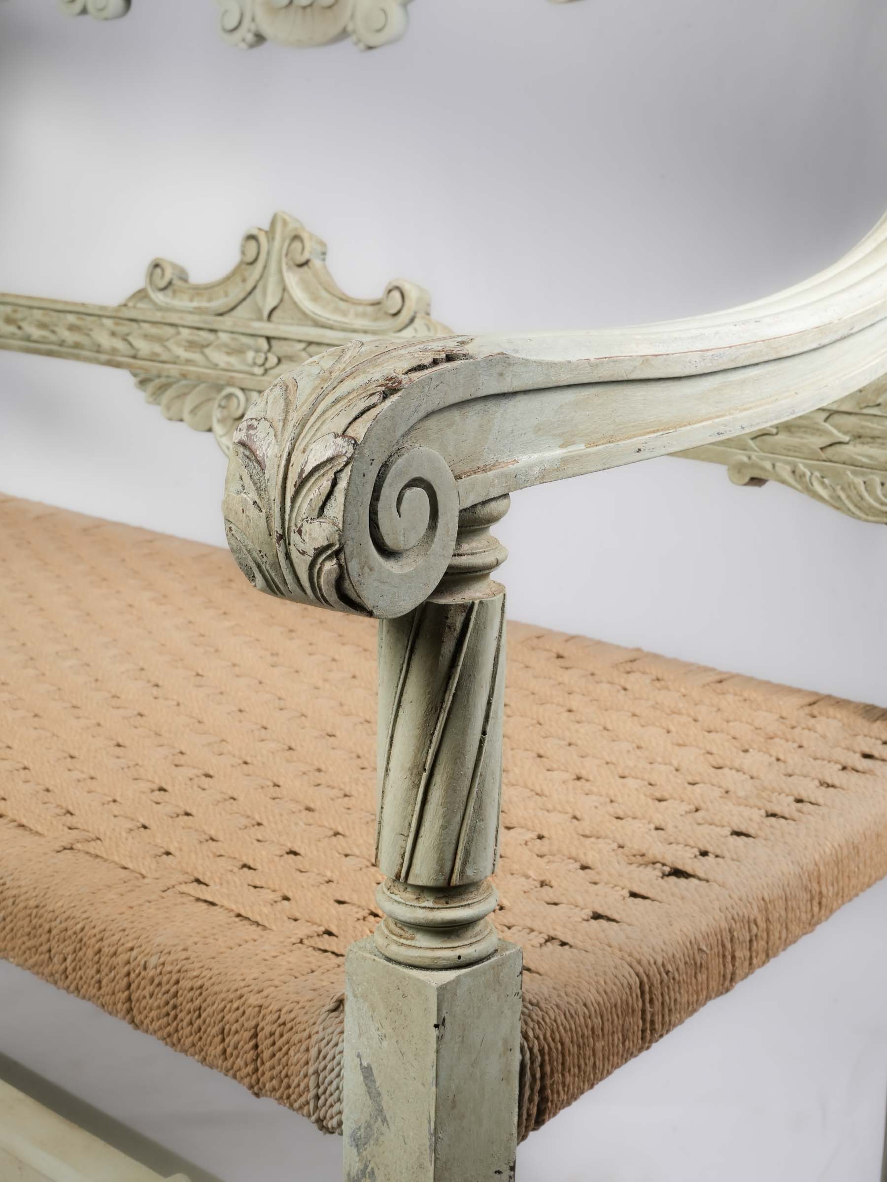 Romantic sage green carved benches