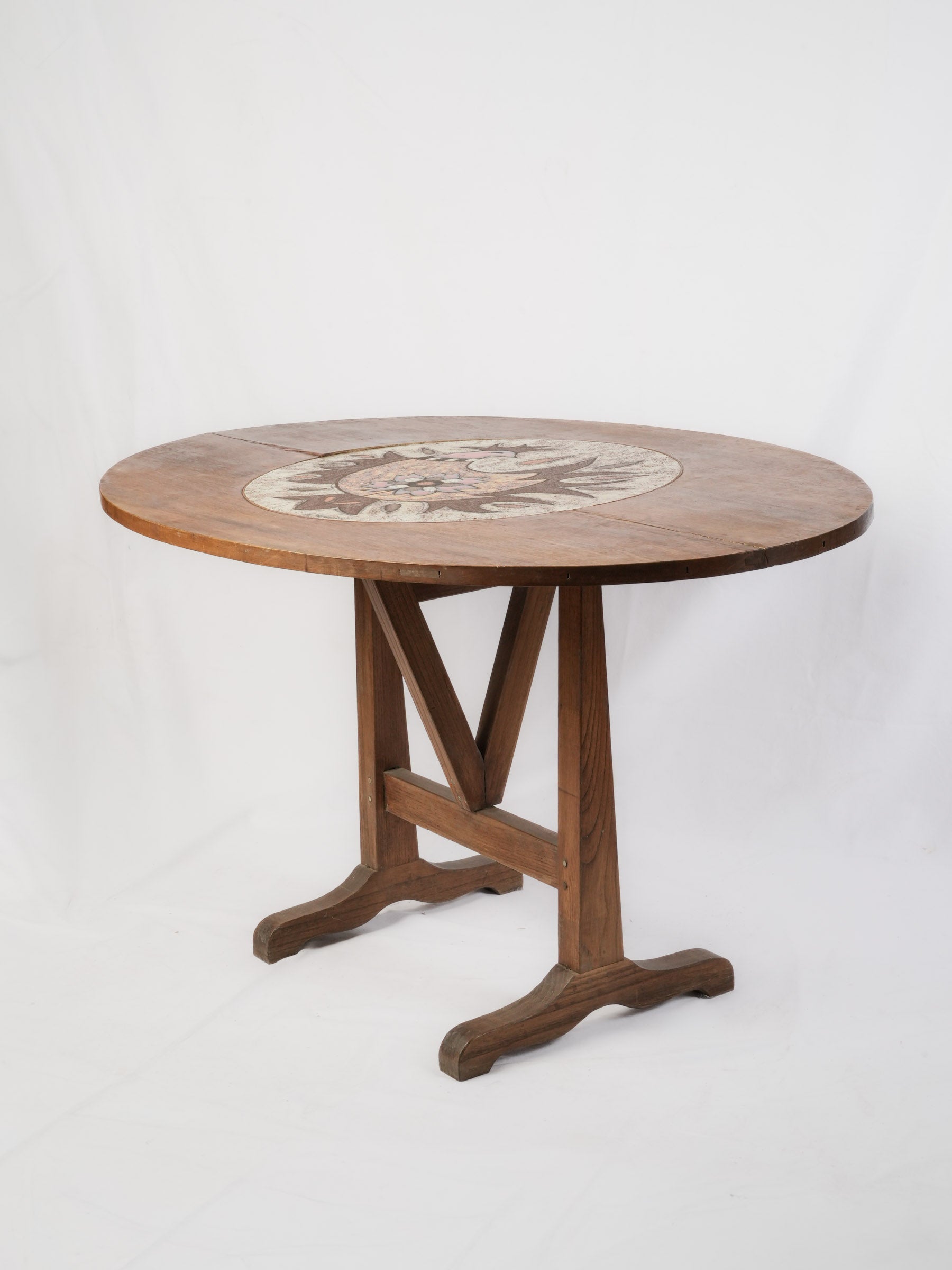 French Mid-20th Century Folding Table w/ Vibrant Vallauris Ceramic Cockerel Plaque - 51¼"