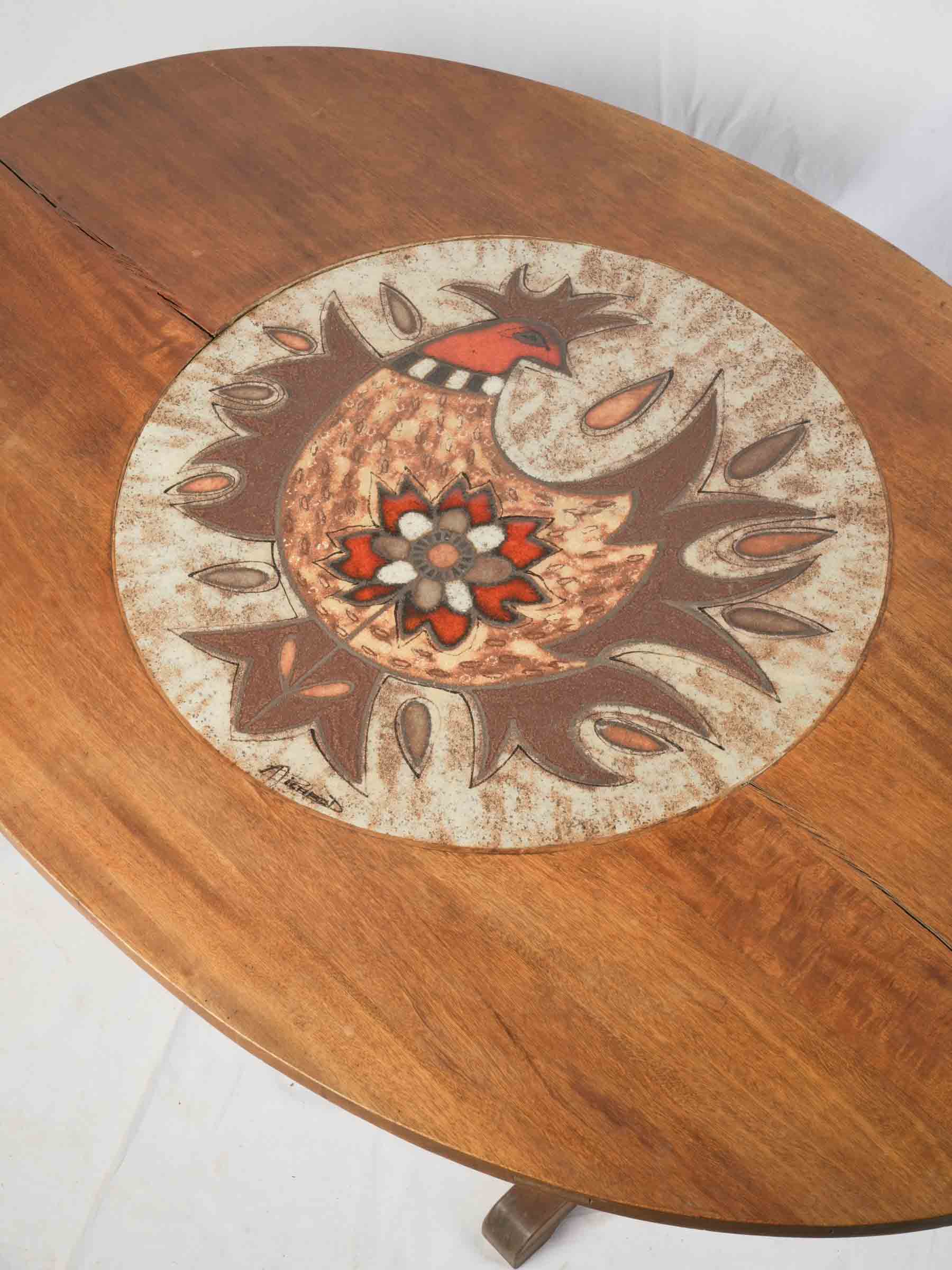 French Mid-20th Century Folding Table w/ Vibrant Vallauris Ceramic Cockerel Plaque - 51¼"