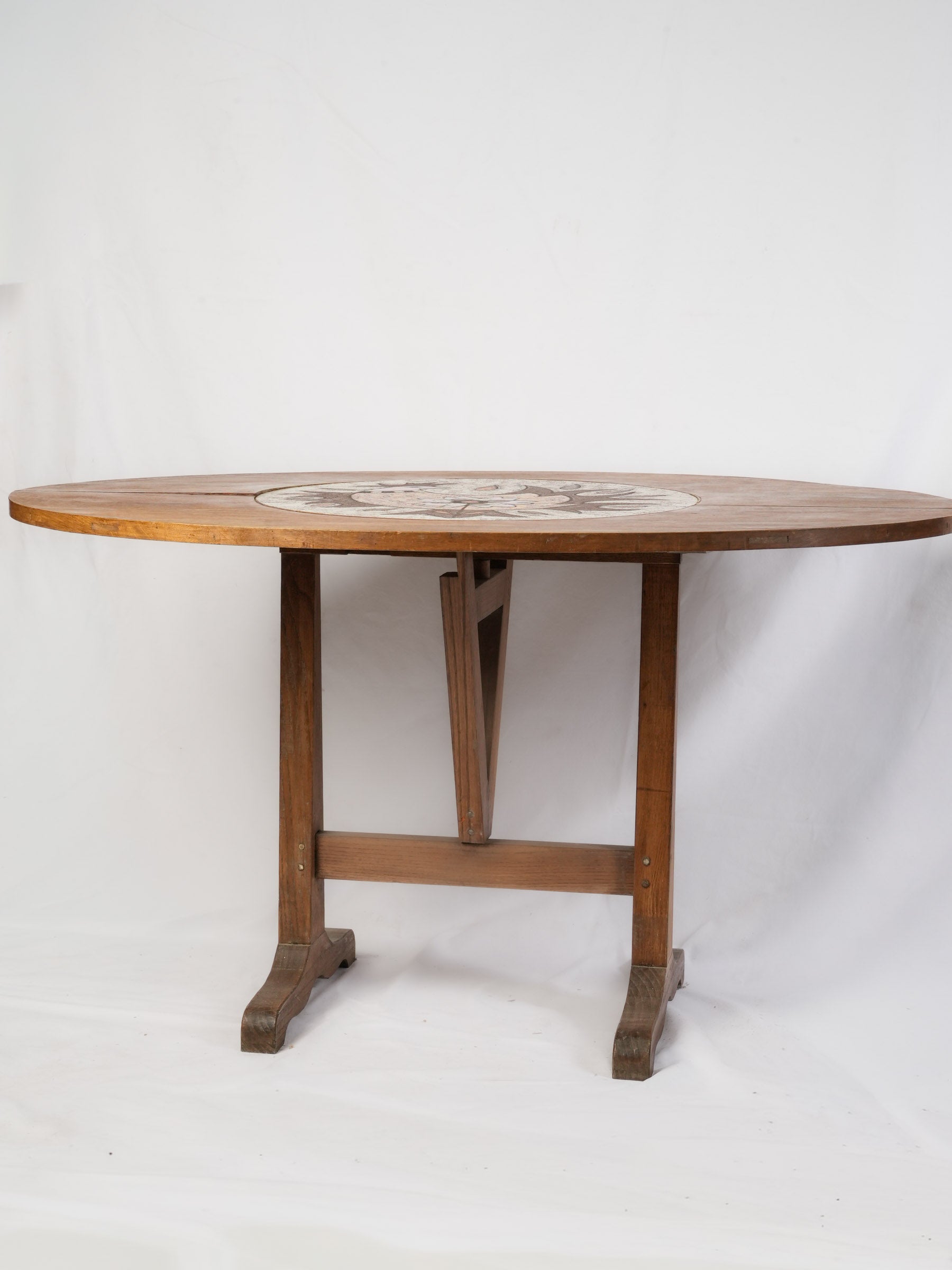 French Mid-20th Century Folding Table w/ Vibrant Vallauris Ceramic Cockerel Plaque - 51¼"