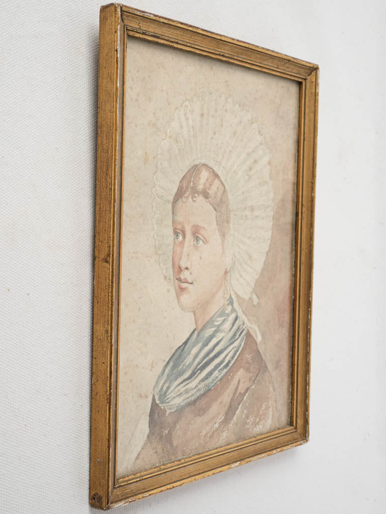Traditional French coiffe watercolor portrait
