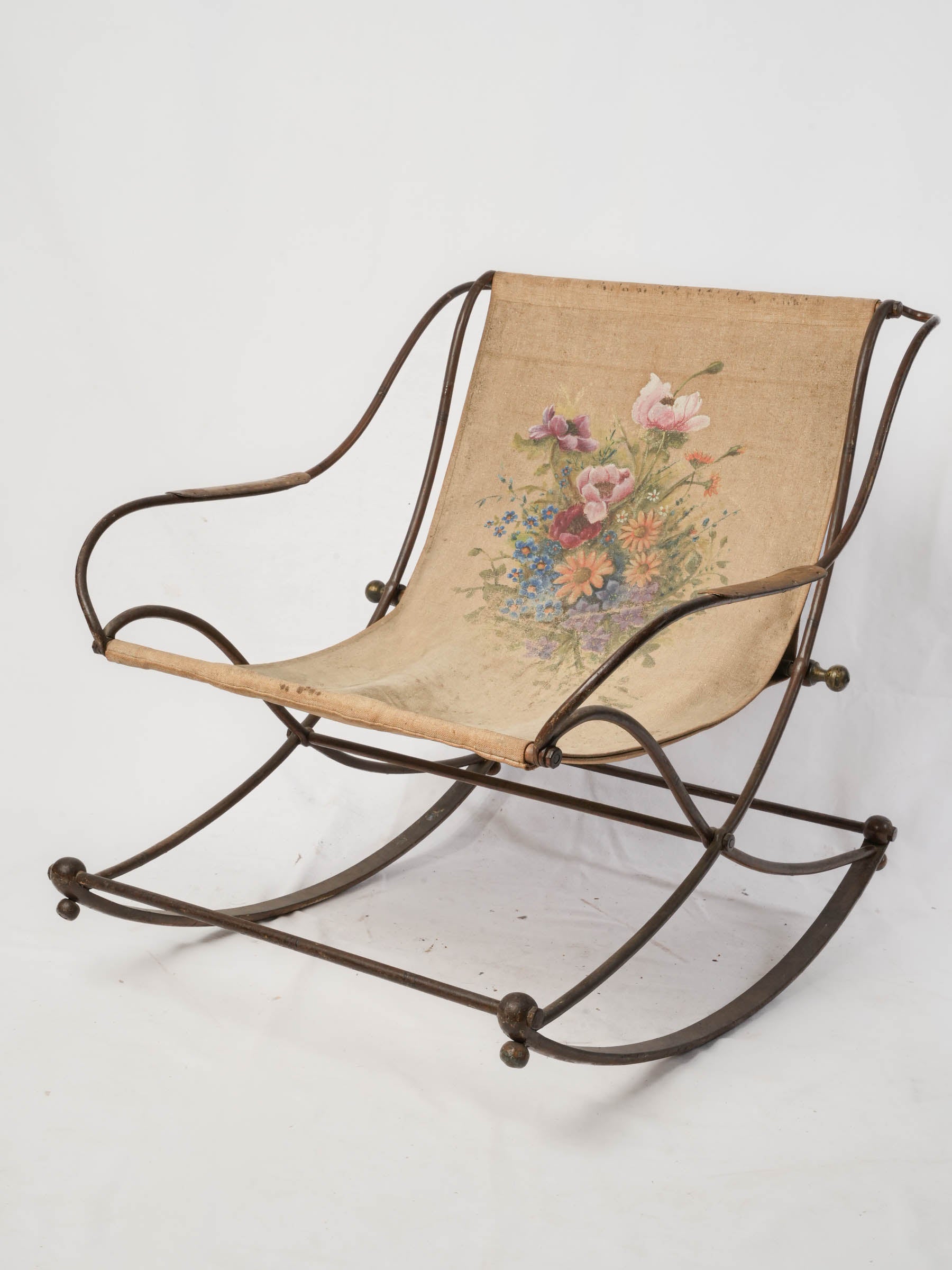 Antique French Wrought Iron Rocking Chair w/ Hand-Painted Floral Canvas - 28¾" x 26¾"