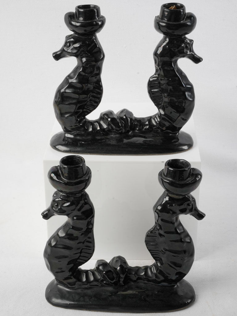 Glossy black glazed candleholders