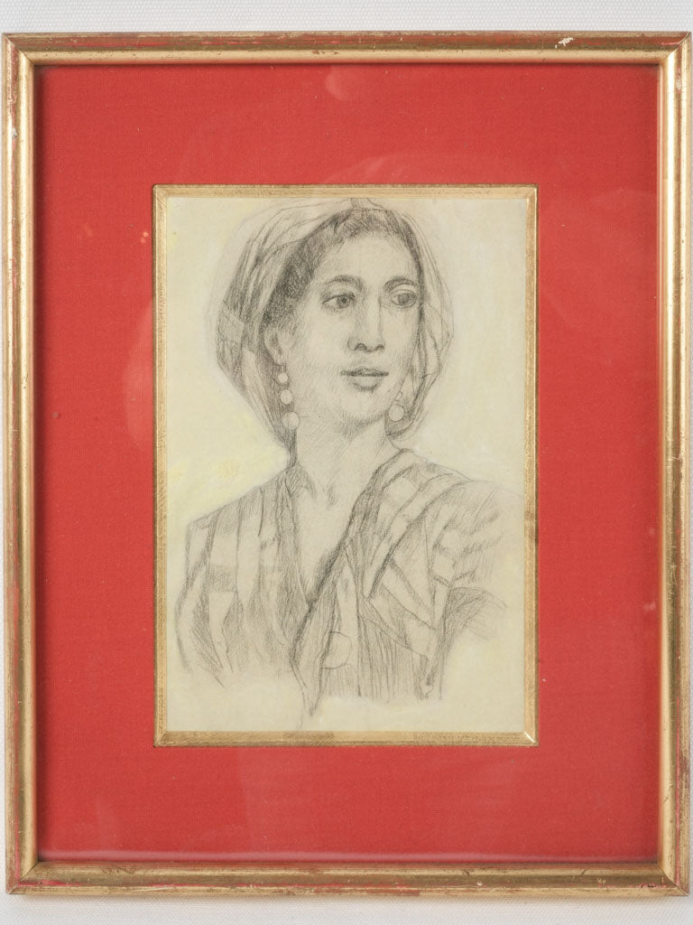 Antique French portrait of a lady w/ headscarf 13½" x 10¾"
