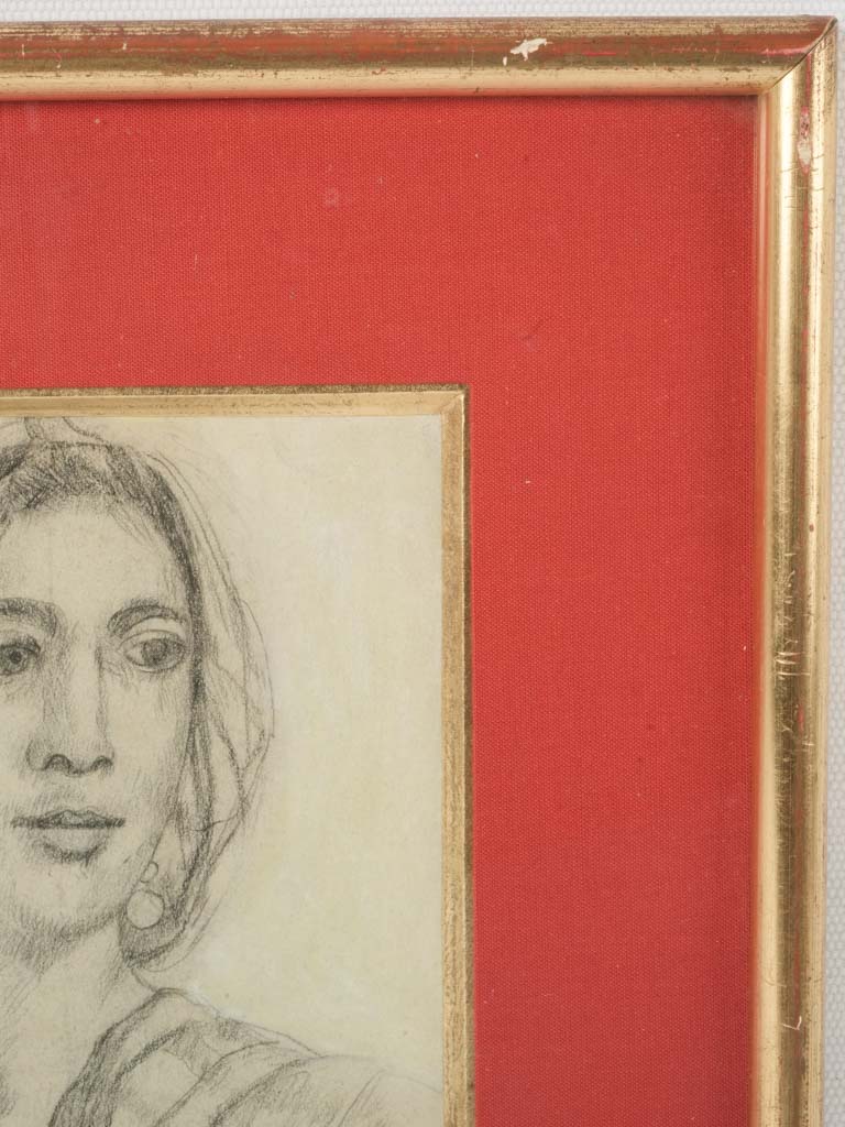 Antique French portrait of a lady w/ headscarf 13½" x 10¾"