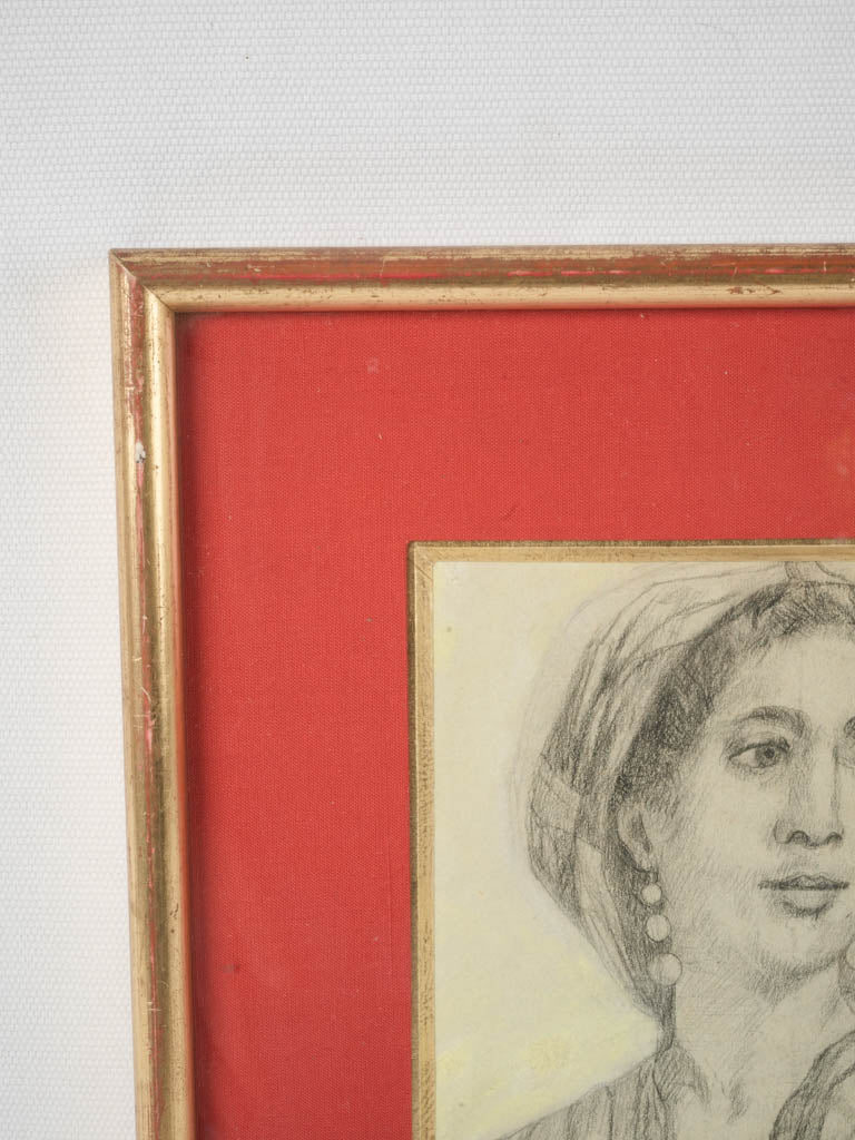 Antique French portrait of a lady w/ headscarf 13½" x 10¾"