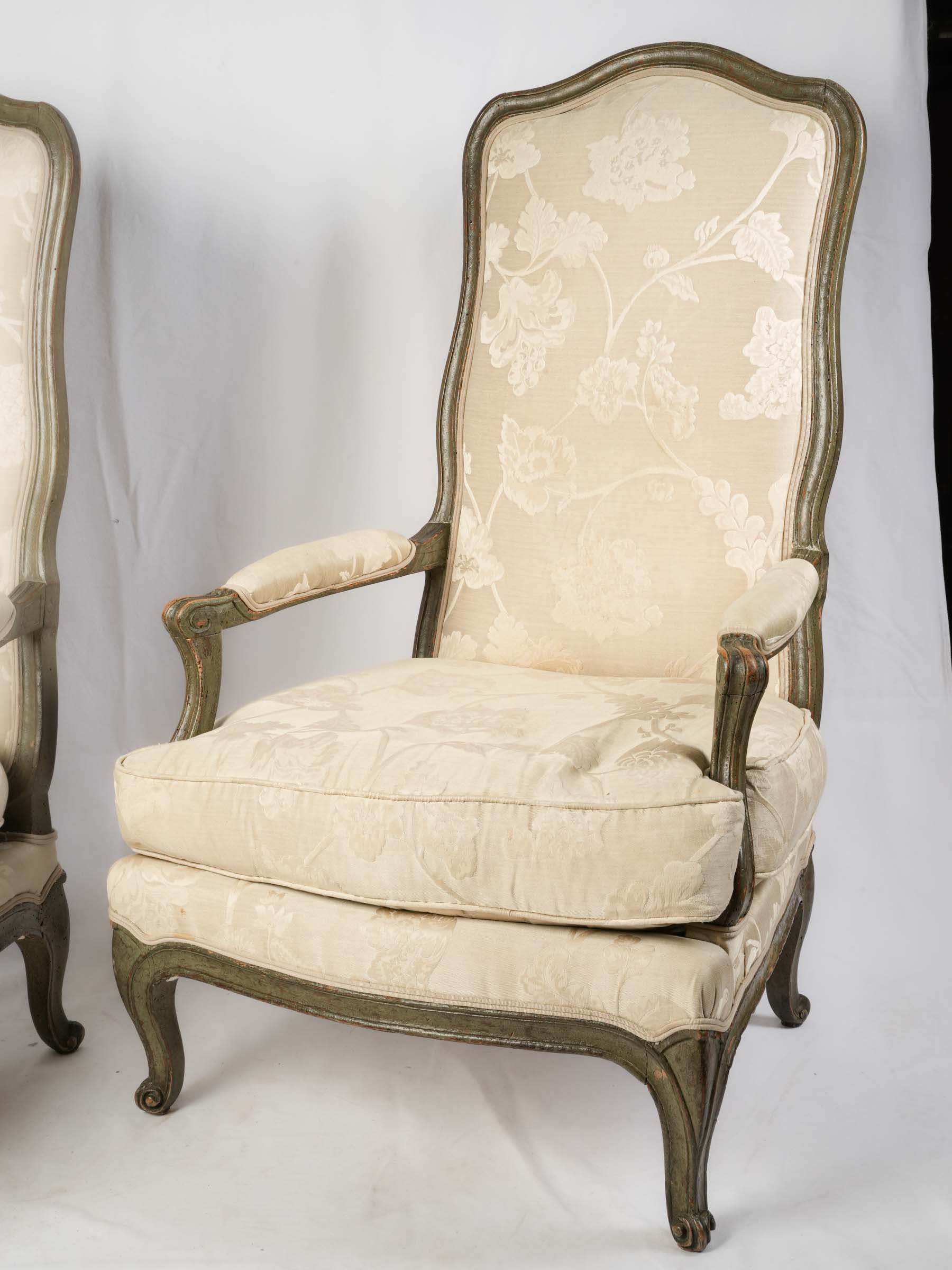 Pair of Louis XV Low Fireside Armchairs w/ Original Green Lacquer - 43"