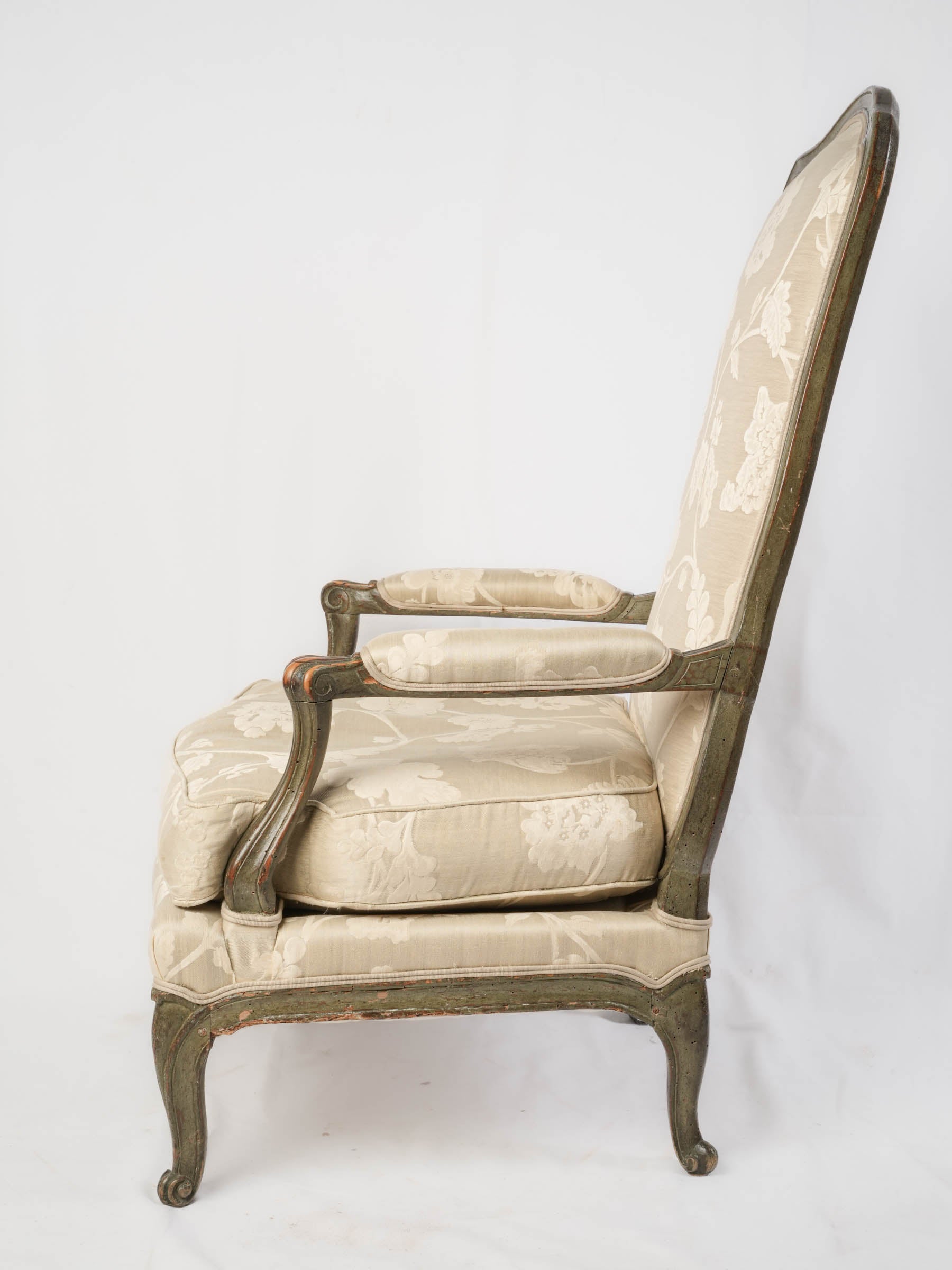 Pair of Louis XV Low Fireside Armchairs w/ Original Green Lacquer - 43"
