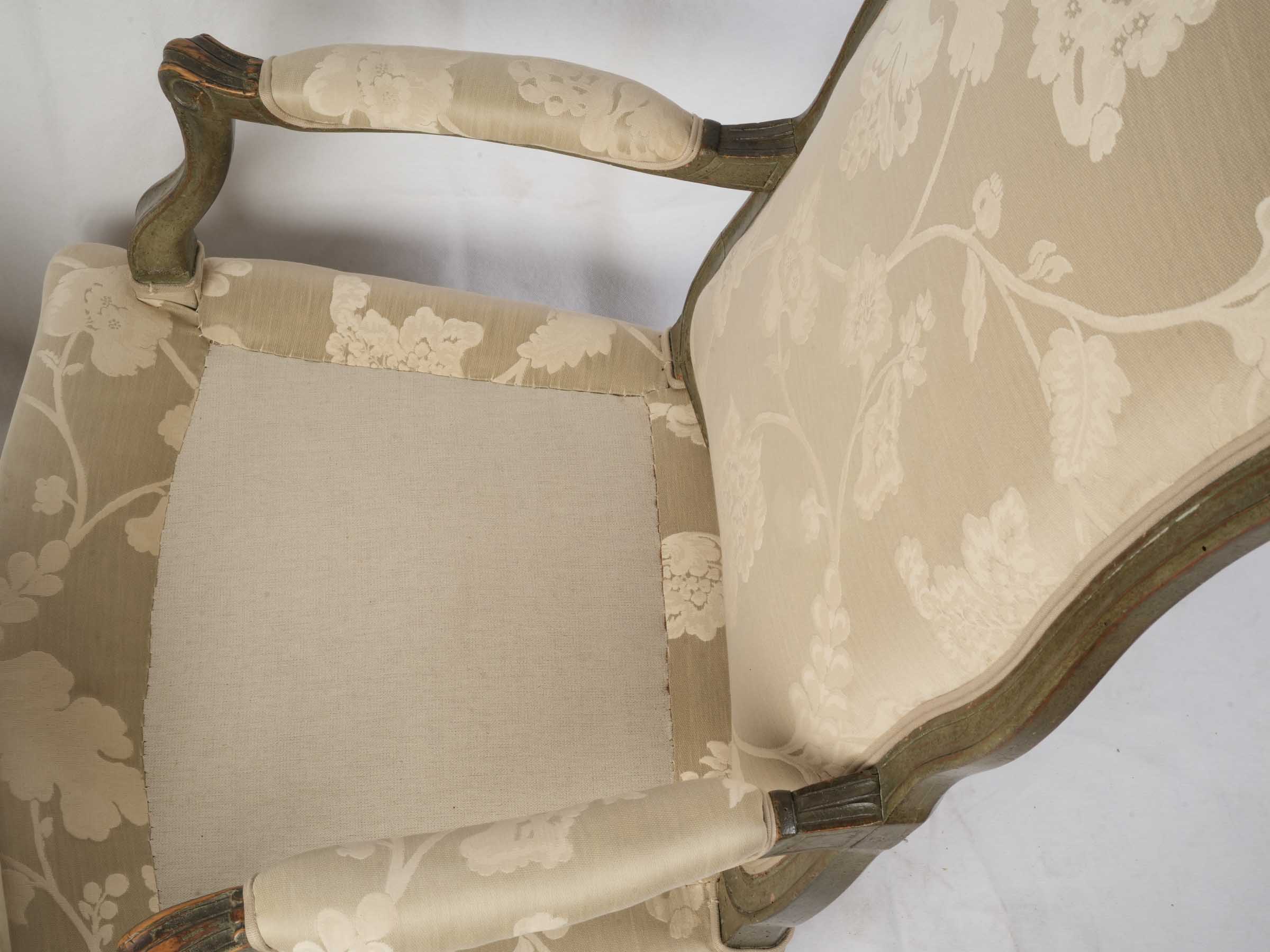 Pair of Louis XV Low Fireside Armchairs w/ Original Green Lacquer - 43"