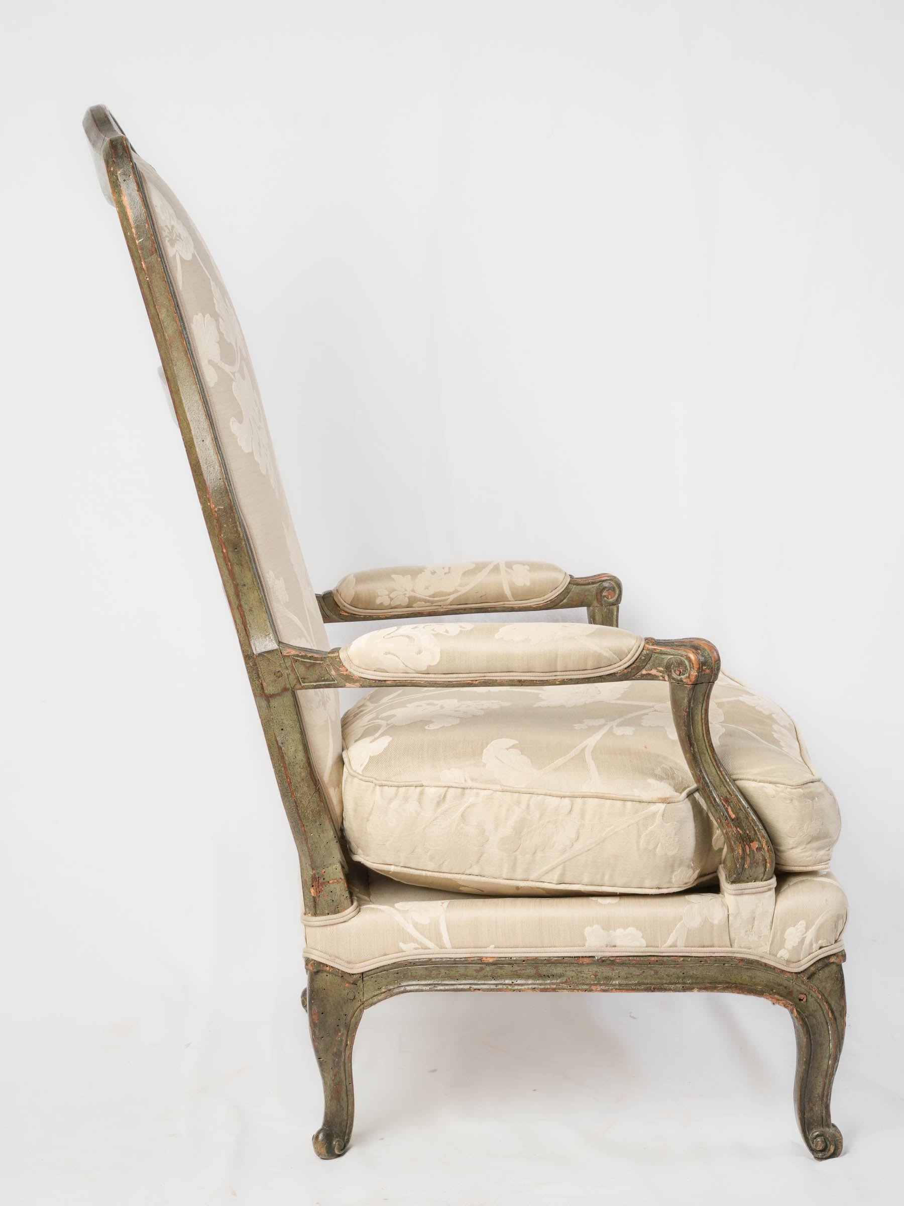 Pair of Louis XV Low Fireside Armchairs w/ Original Green Lacquer - 43"