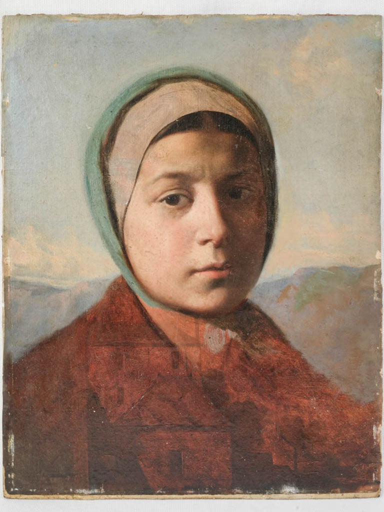 Oil on Paper Portrait of a Young Woman Against a Mountain Landscape - 15¾" x 12¼"