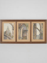 Antique watercolor Amiens Cathedral triptych