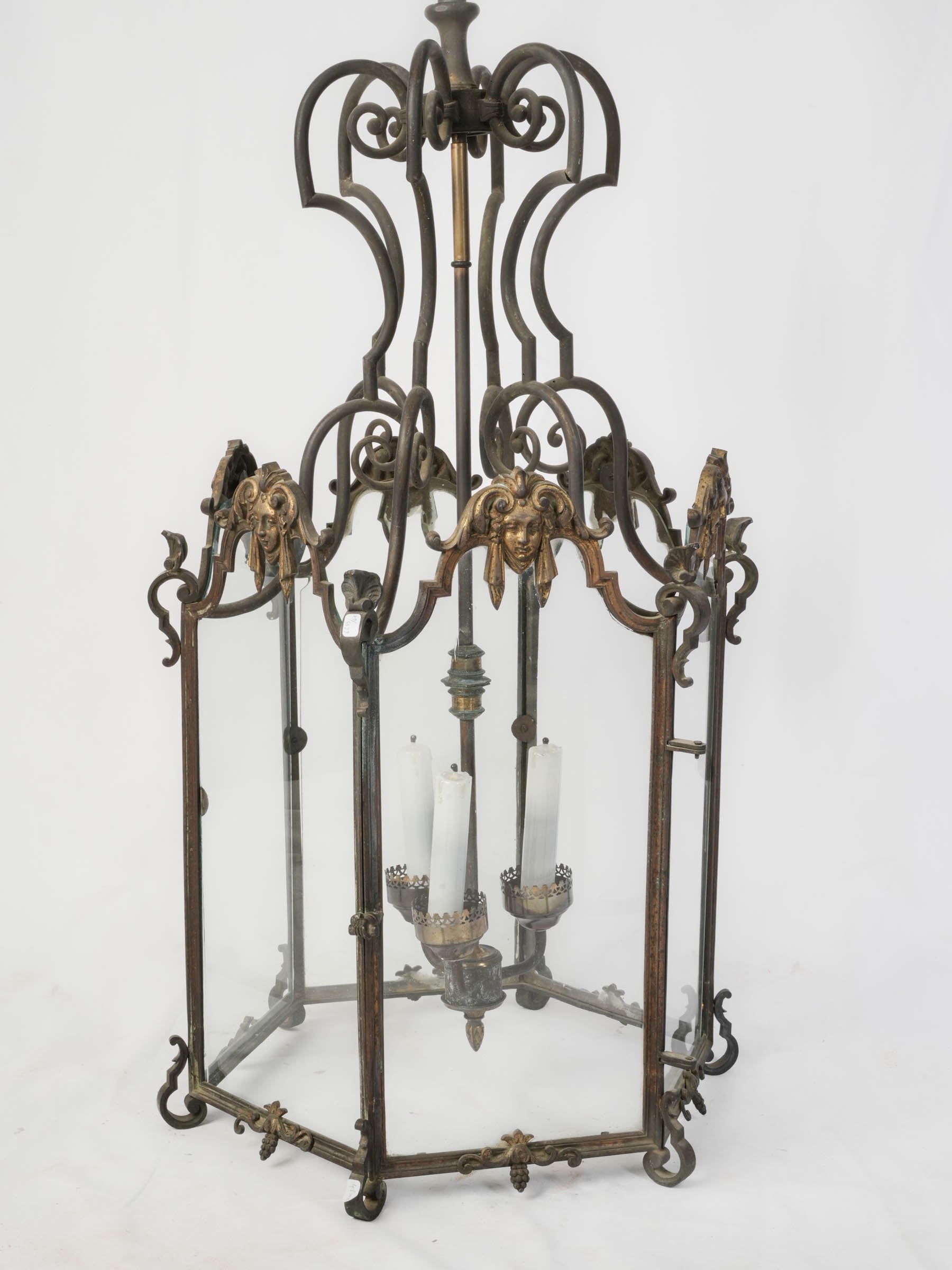 Large Hexagonal Bronze & Brass Hall Lantern, Early 19th Century - 42¼" x 21¼"