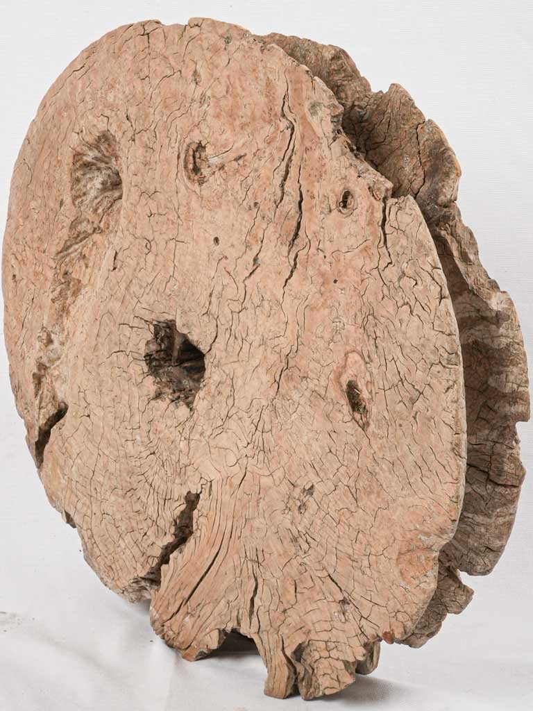 Antique, timeworn wooden well pulley