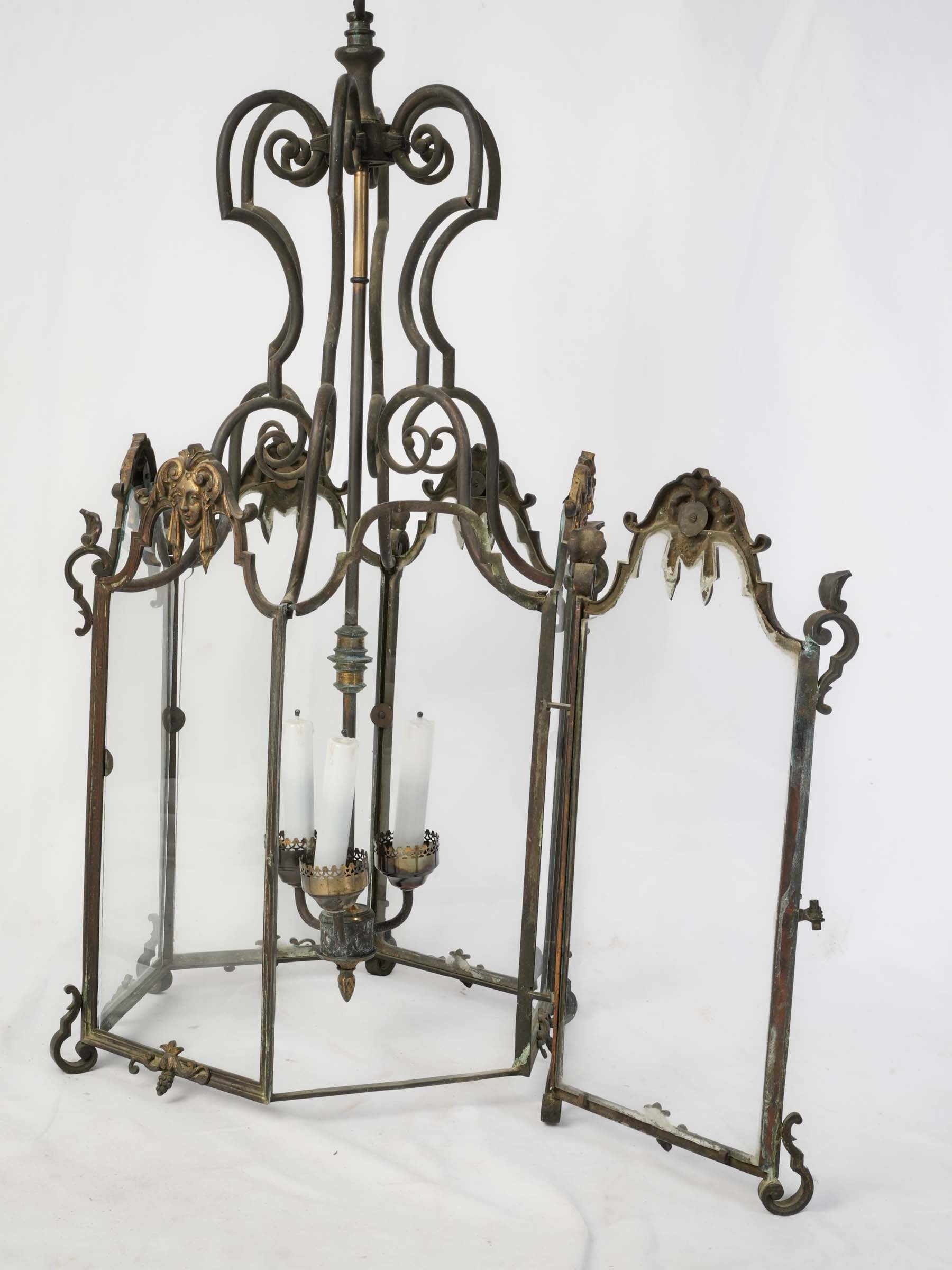 Large Hexagonal Bronze & Brass Hall Lantern, Early 19th Century - 42¼" x 21¼"