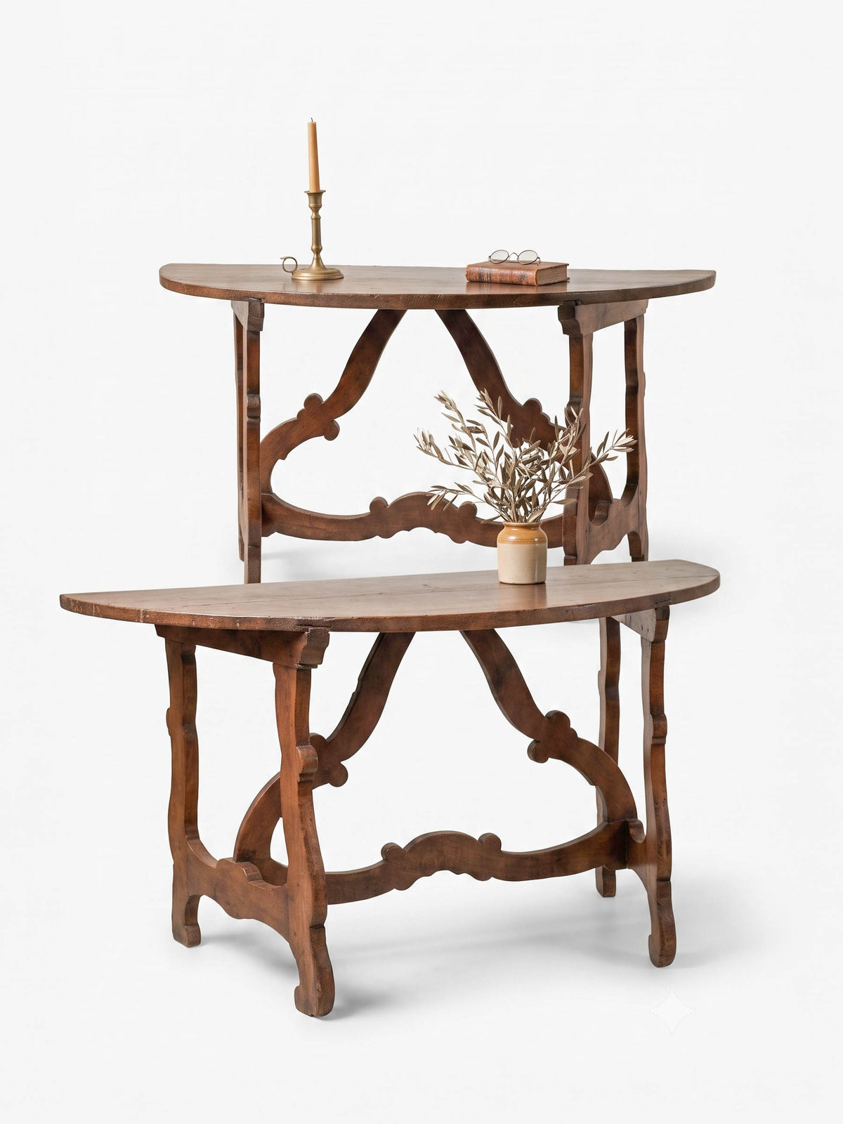 Sculptural walnut demilune consoles set