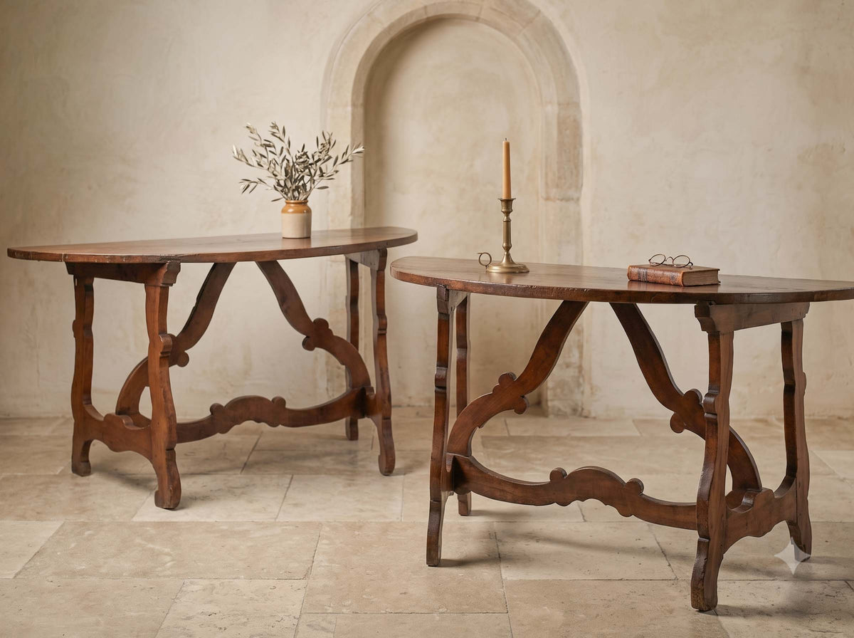 Elegant Baroque demilune consoles pair