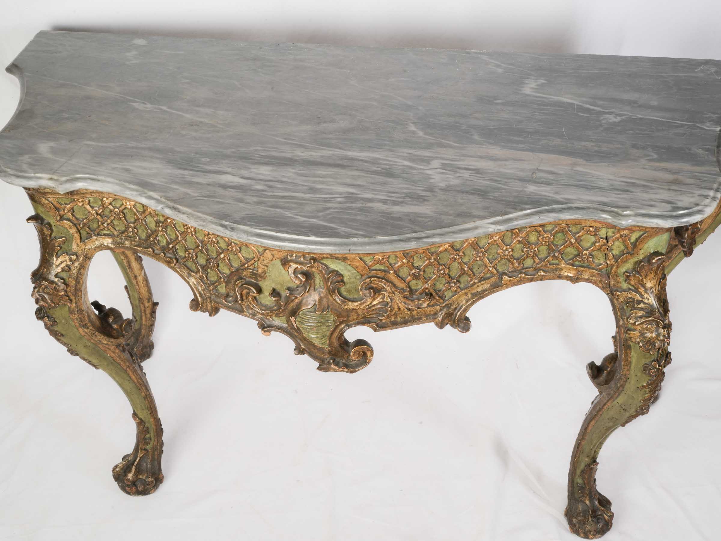 Striking Venetian Green-Lacquered and Gilt Rococo Console Table, 18th Century - 35"x 60¼"