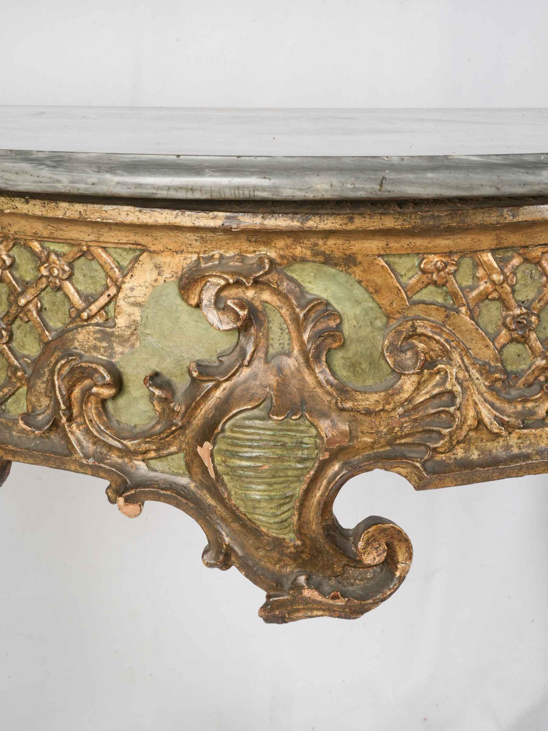 Striking Venetian Green-Lacquered and Gilt Rococo Console Table, 18th Century - 35"x 60¼"