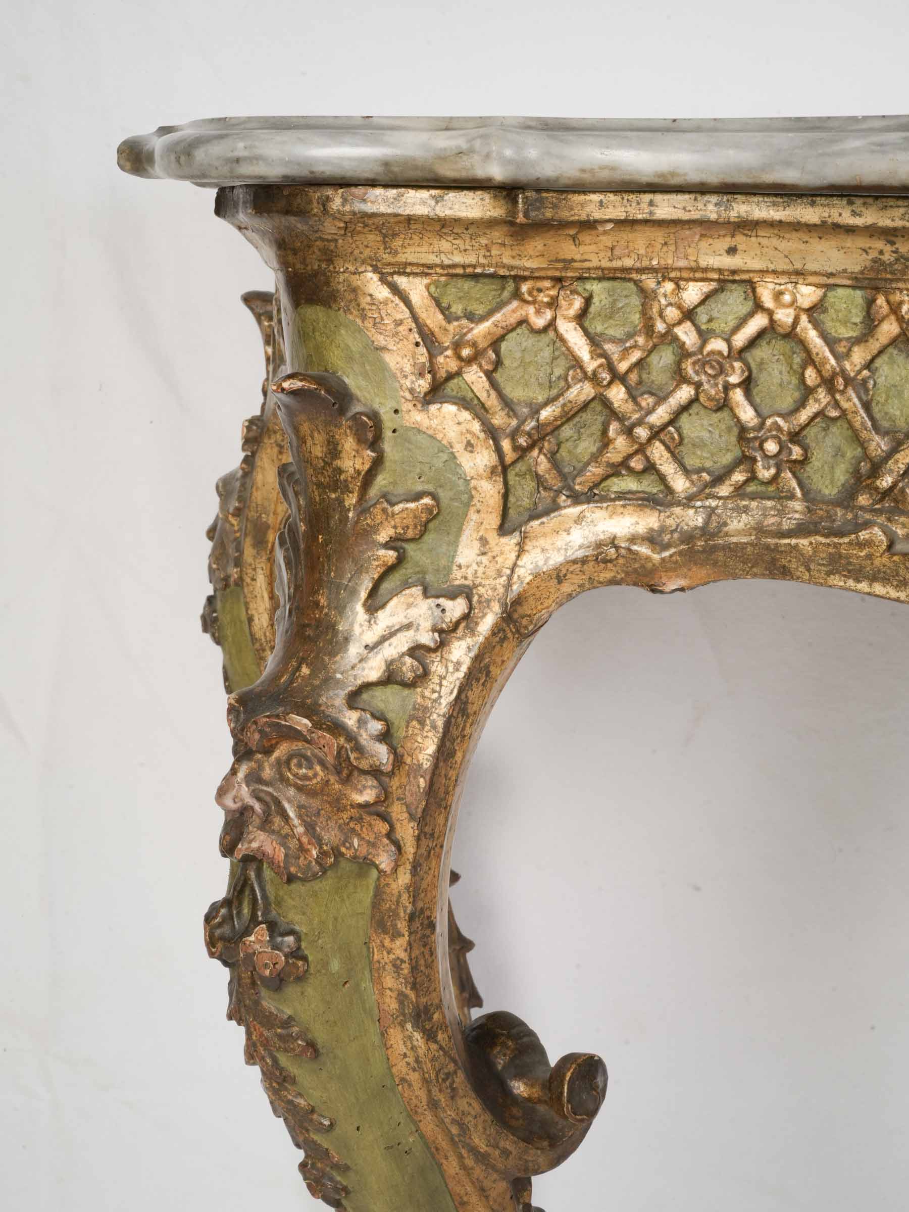 Striking Venetian Green-Lacquered and Gilt Rococo Console Table, 18th Century - 35"x 60¼"