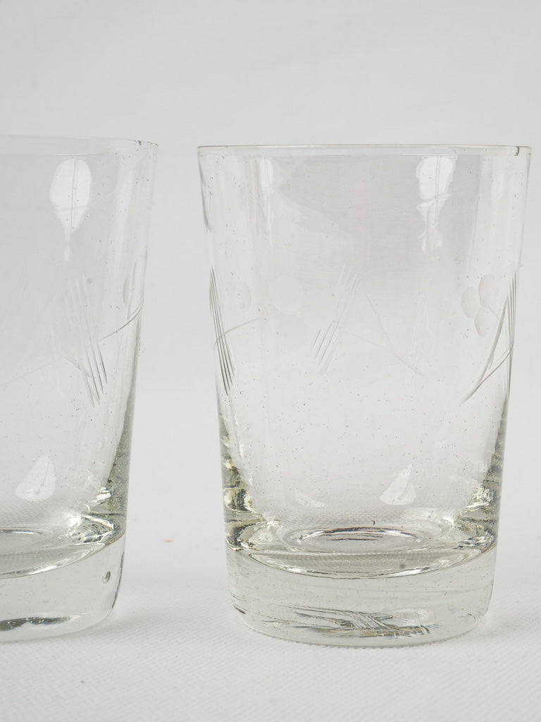 Antique petite cherry-etched glass tumblers