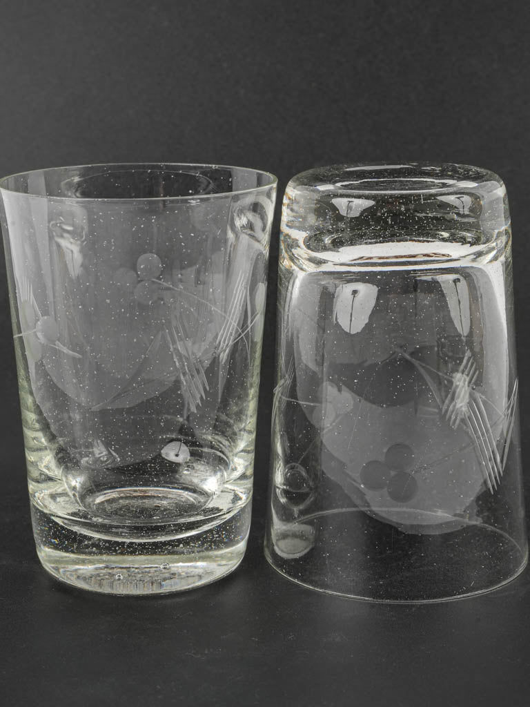 Cherries etched 1950s vintage petite glasses