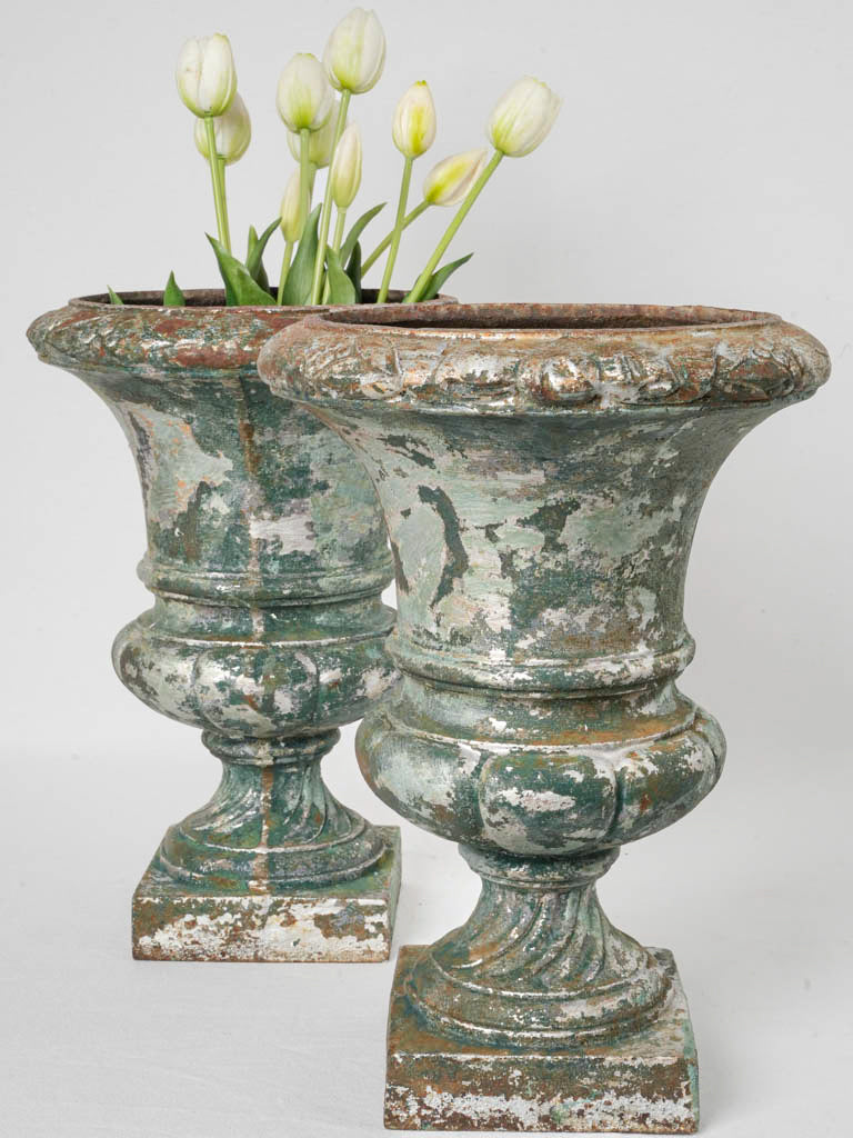 Pair of Mid-20th-Century Cast Iron Medici Urns w/ Foliate Border - 14½"