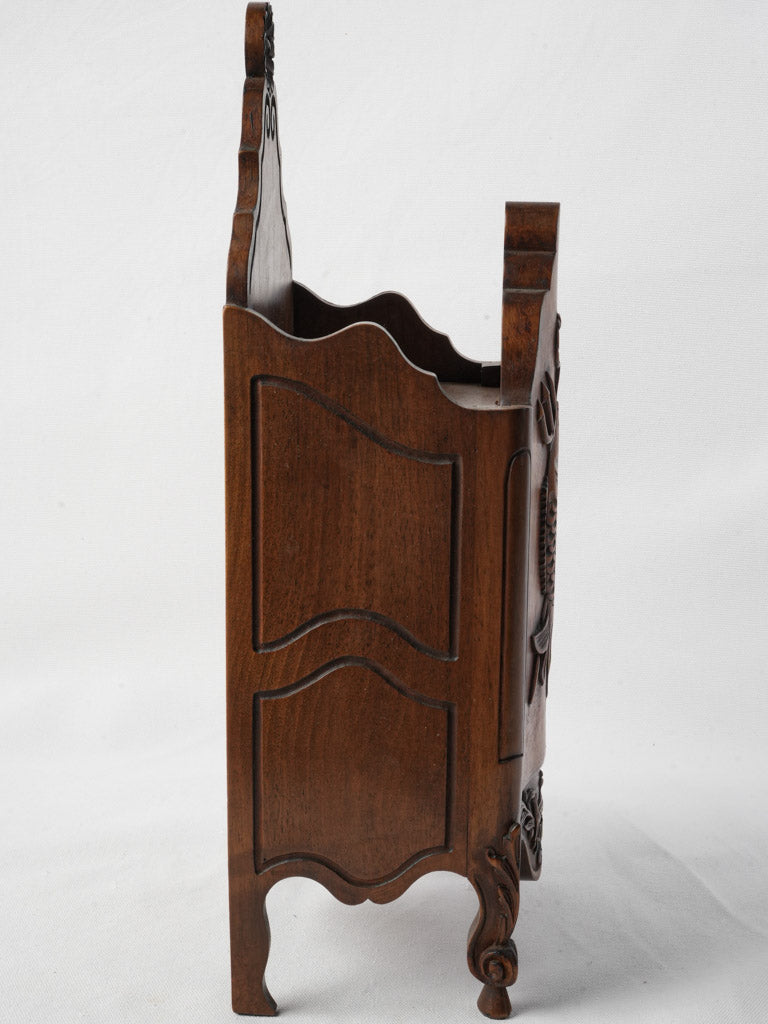 Hand-carved walnut French flour holder