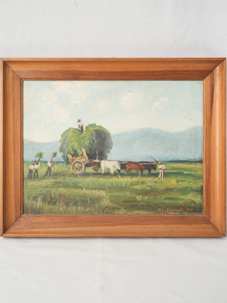 Italian Pastoral Landscape with Oxen and Hay Cart Dated 1958- 15" x 19"