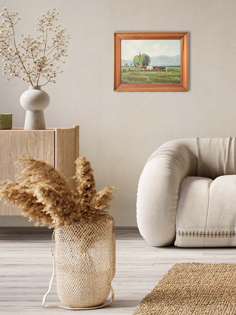 Italian Pastoral Landscape with Oxen and Hay Cart Dated 1958- 15" x 19"