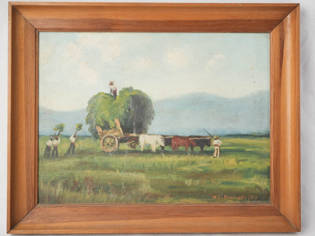 Italian Pastoral Landscape with Oxen and Hay Cart Dated 1958- 15" x 19"