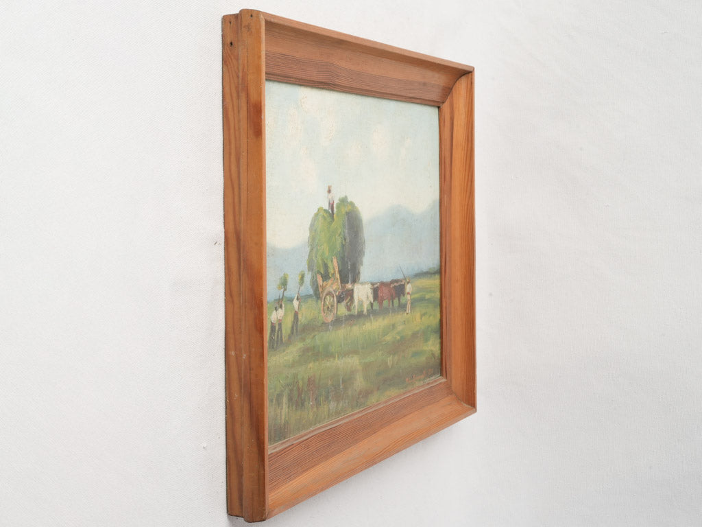 Italian Pastoral Landscape with Oxen and Hay Cart Dated 1958- 15" x 19"