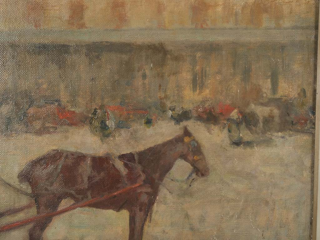 Muted color horse-drawn cab depiction