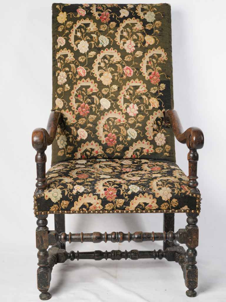 Stately vintage floral tapestry armchair