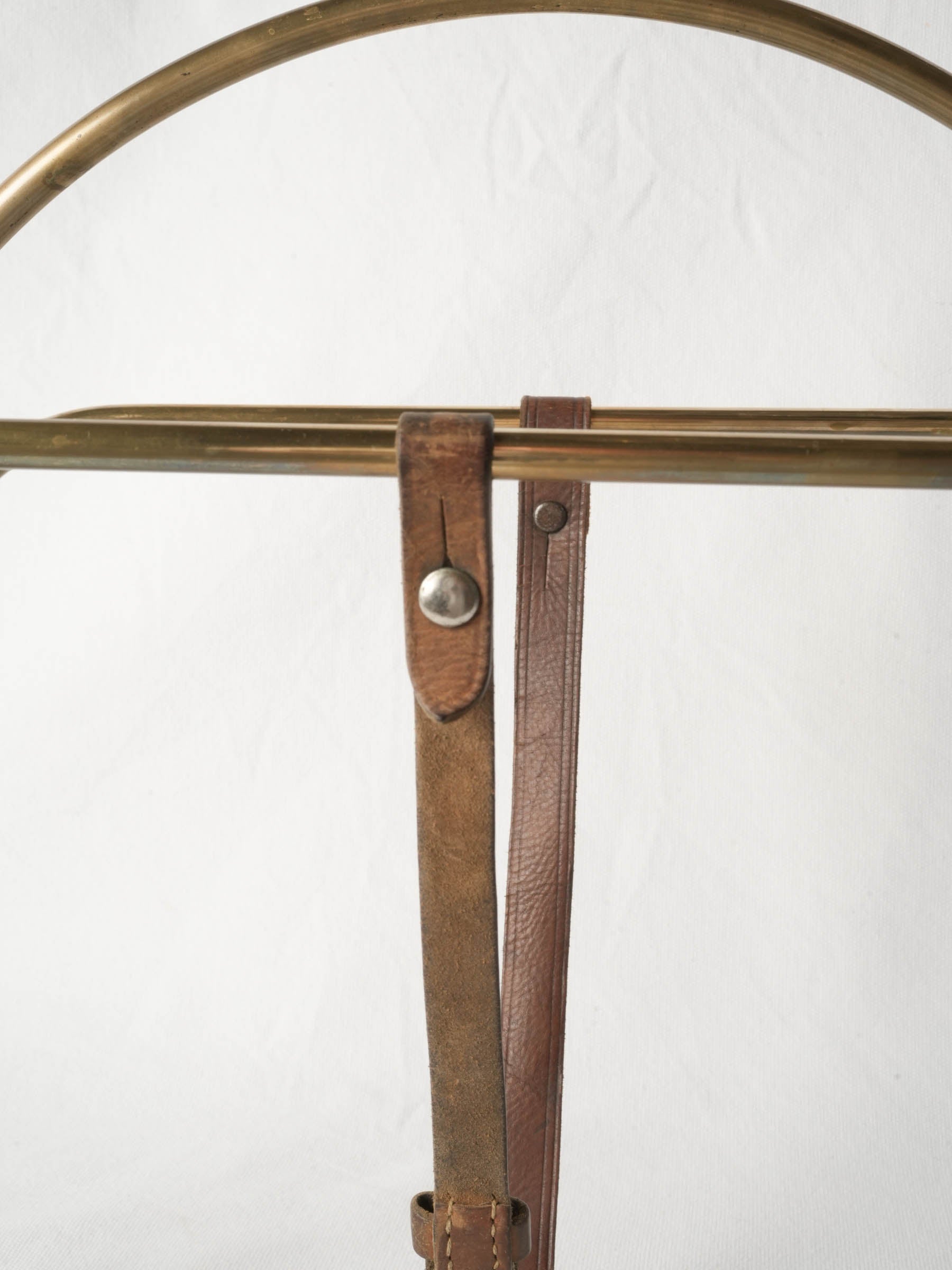 Mid-Century Hollywood Regency Brass Magazine Rack with Buckled Leather Strap - 16½" x 17¾"