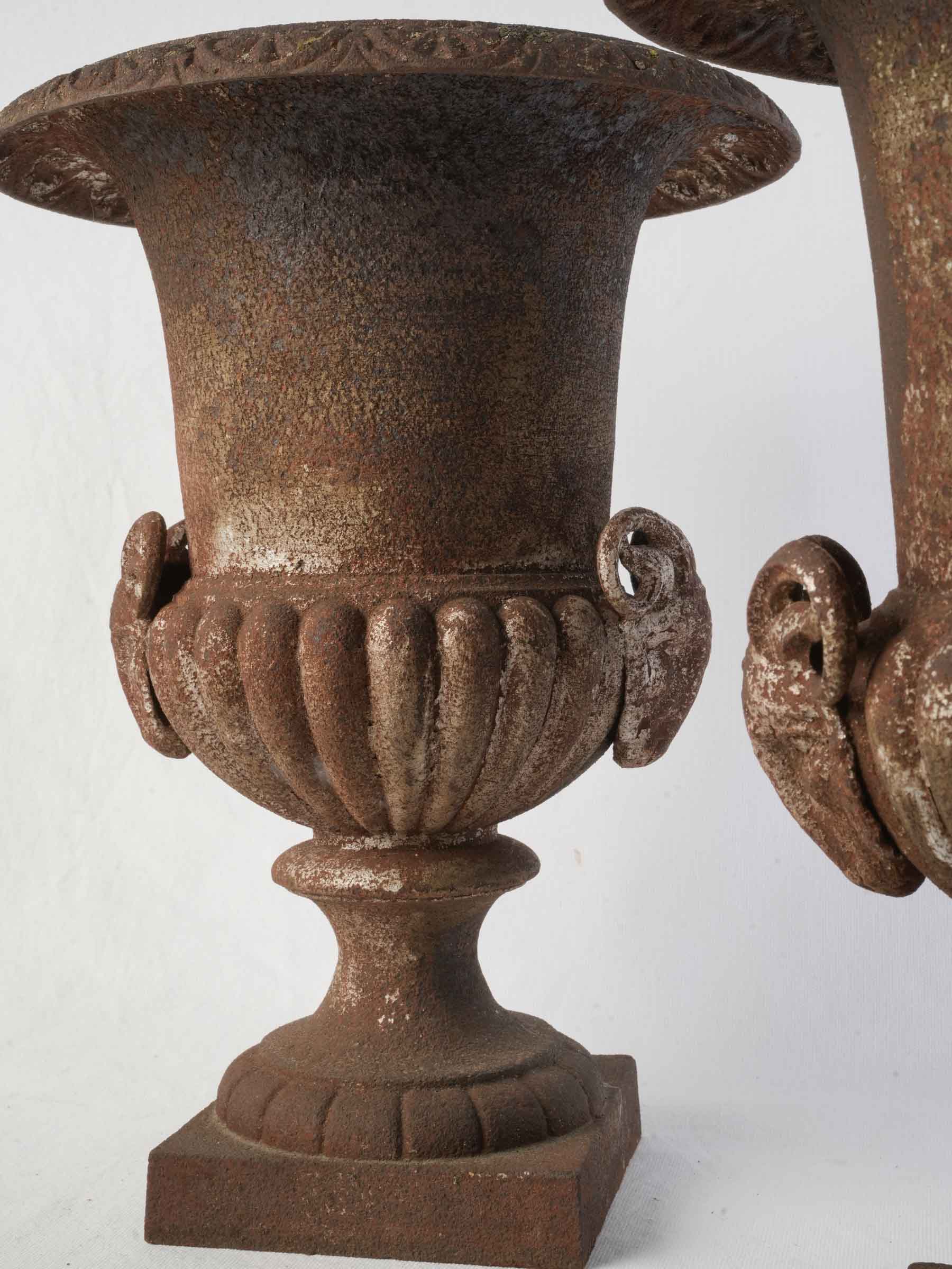 Richly patinaed oxidized garden planters