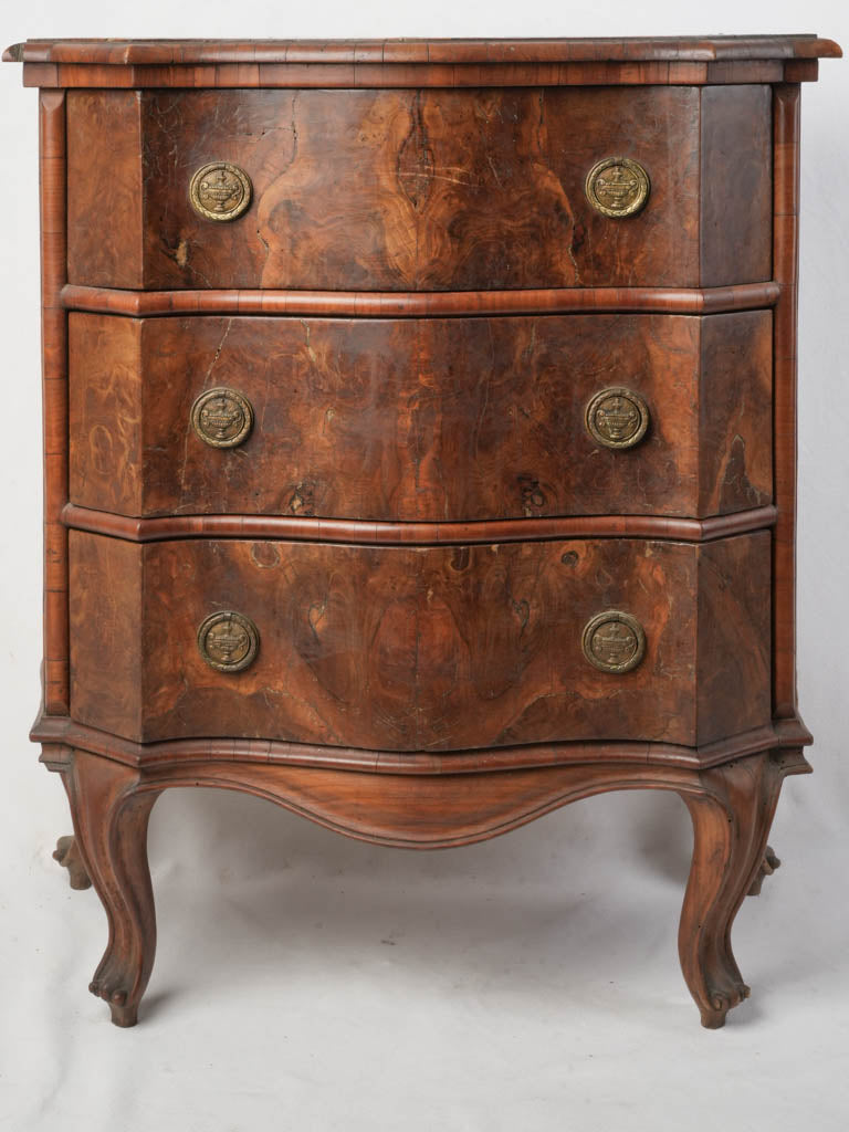 Charming Petite Antique Italian Serpentine Walnut Burl Commode - 32"