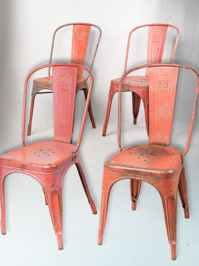 Set of Four Mid-Century French Tolix Metal Chairs  in Original Brick-Red Finish - 34¼"