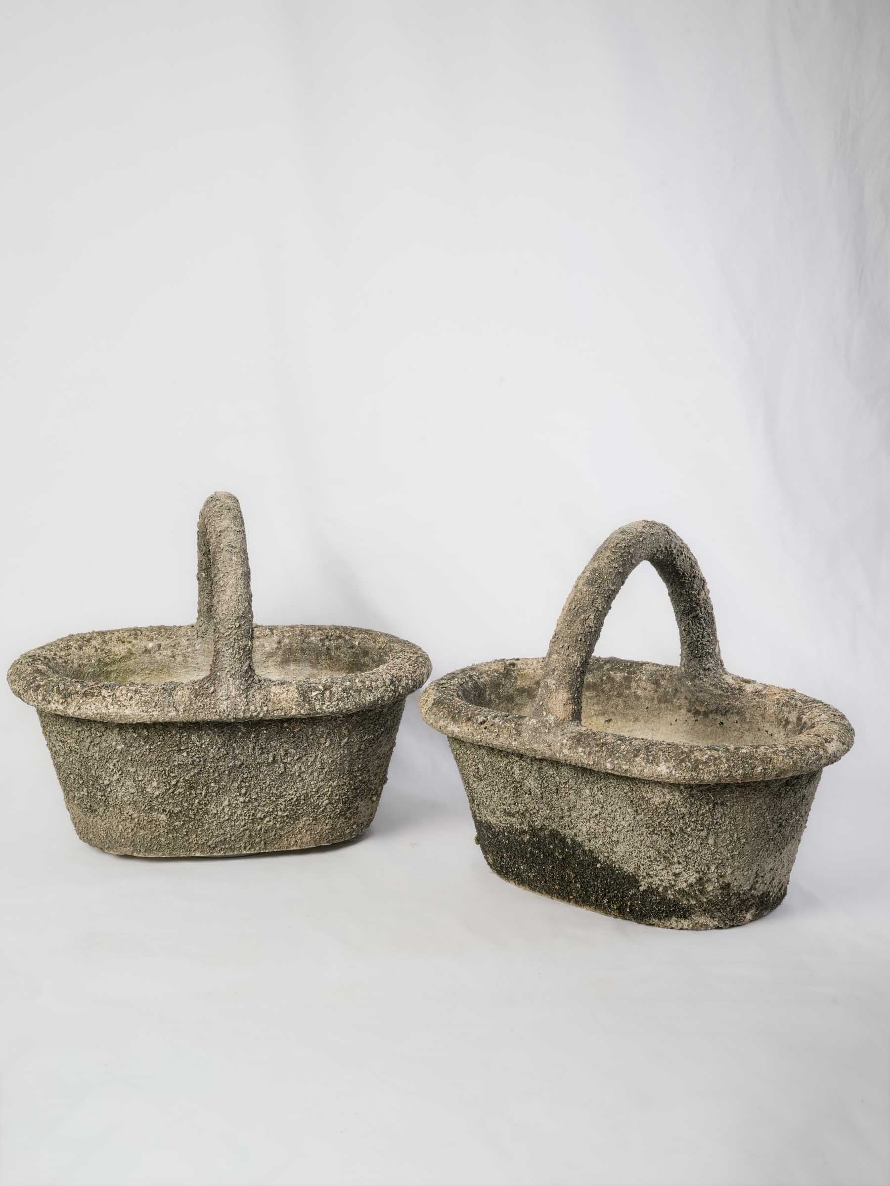Rustic 1970s handled basket planters