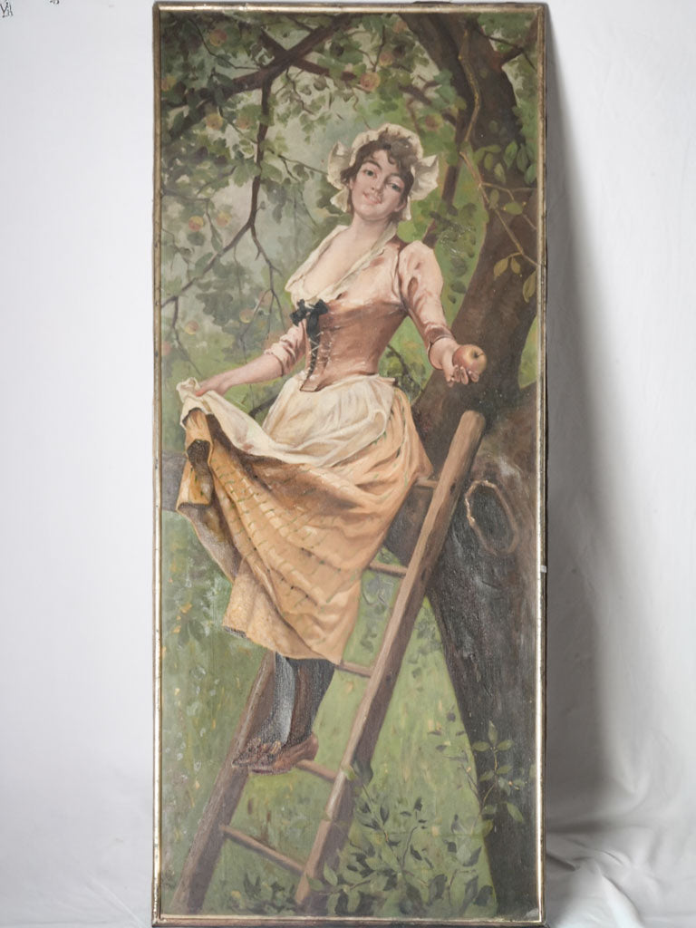Tall 1900s French Oil on Canvas of a Young Woman Picking Apples - 70¾" x 30"