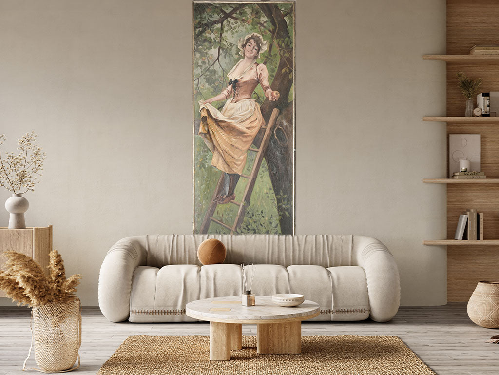 Tall 1900s French Oil on Canvas of a Young Woman Picking Apples - 70¾" x 30"