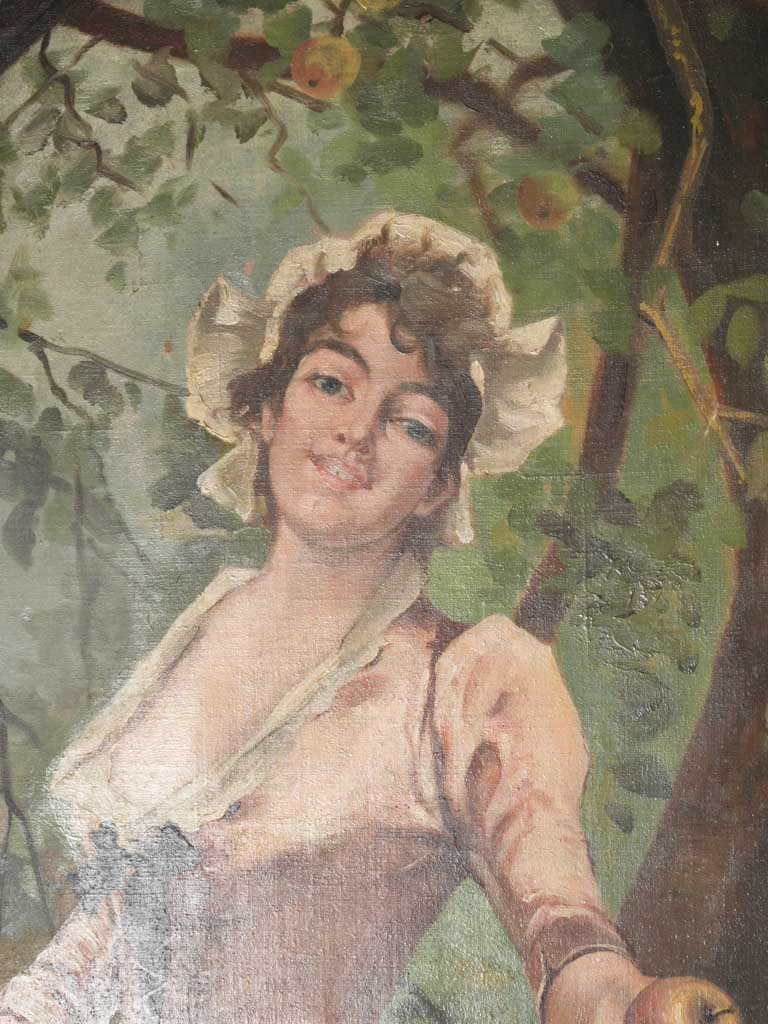 Tall 1900s French Oil on Canvas of a Young Woman Picking Apples - 70¾" x 30"