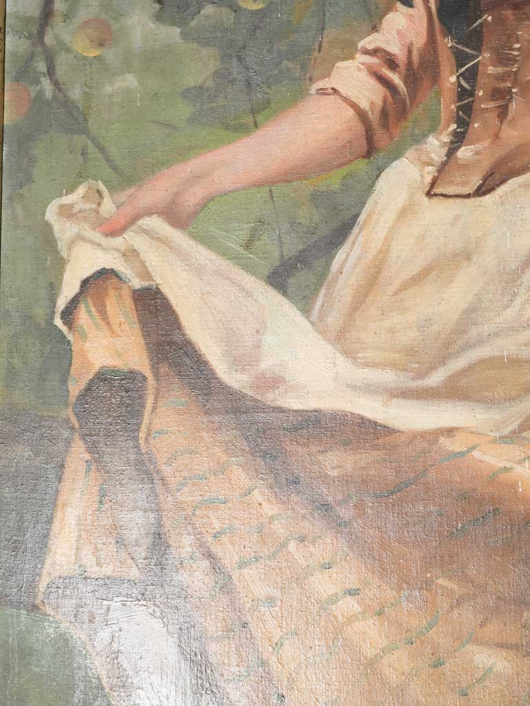 Tall 1900s French Oil on Canvas of a Young Woman Picking Apples - 70¾" x 30"