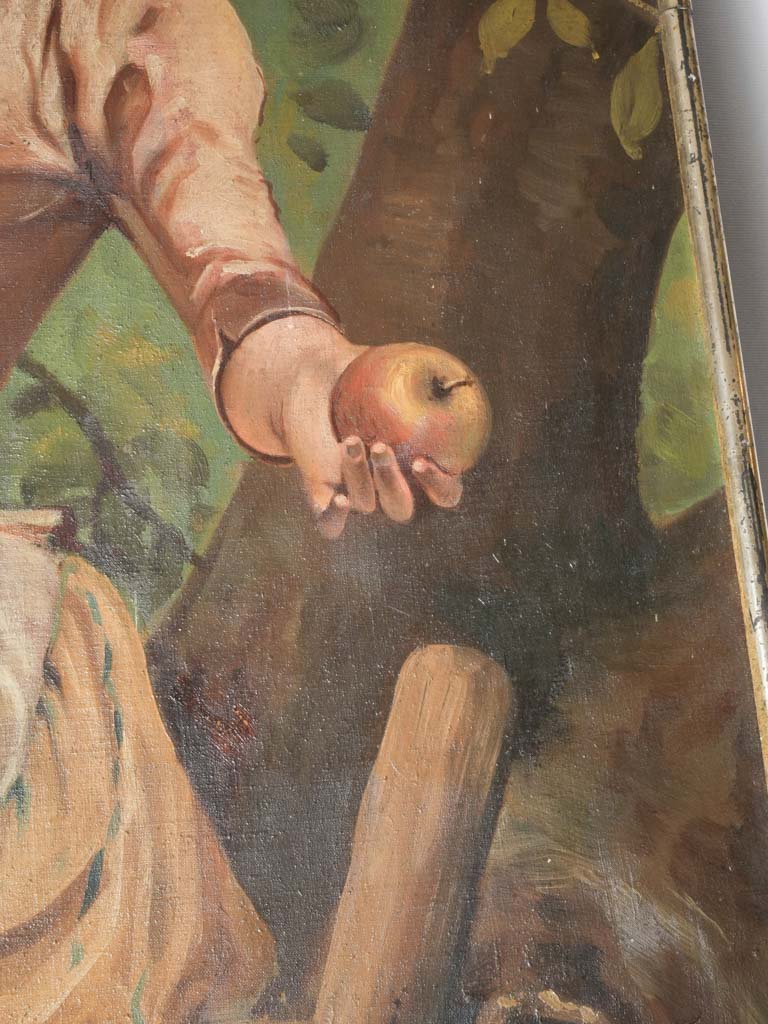 Tall 1900s French Oil on Canvas of a Young Woman Picking Apples - 70¾" x 30"
