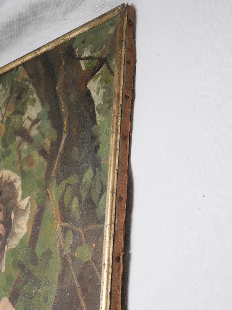 Tall 1900s French Oil on Canvas of a Young Woman Picking Apples - 70¾" x 30"